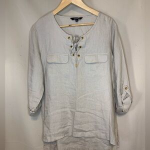 Ellen Tracy Cream Lace-Up Women's Linen Top Blouse